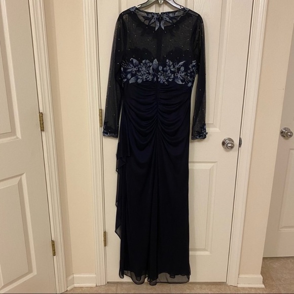 XSCAPE Lace Embroidered Sheer Long Sleeve Gown in Navy Blue - Picture 7 of 11